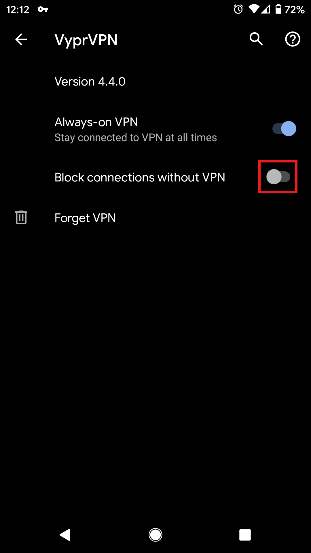 Android — системные настройки VPN с переключателями «Постоянная VPN» и «Блокировать подключения без VPN»