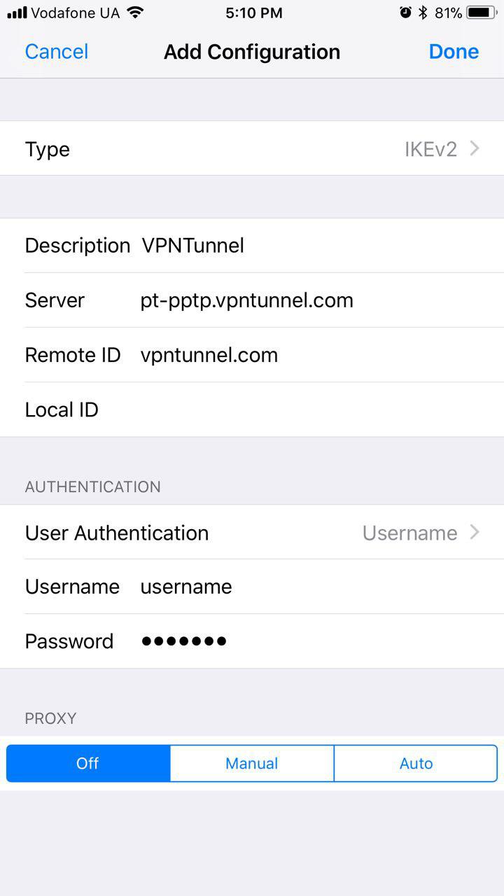 iOS — экран «Добавить конфигурацию VPN» с полями Тип, Описание, Сервер, Удалённый ID