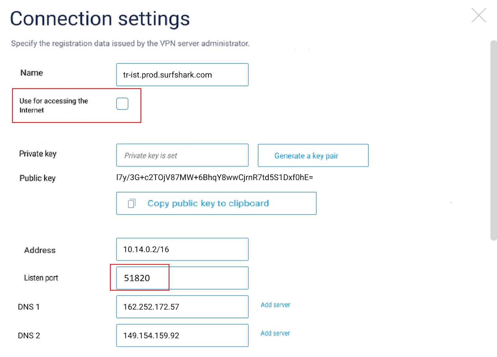 Экран настройки WireGuard-подключения в Keenetic с заполненными полями