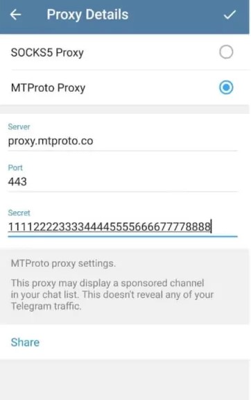Экран добавления прокси в Telegram с полями «Сервер», «Порт», «Секрет»