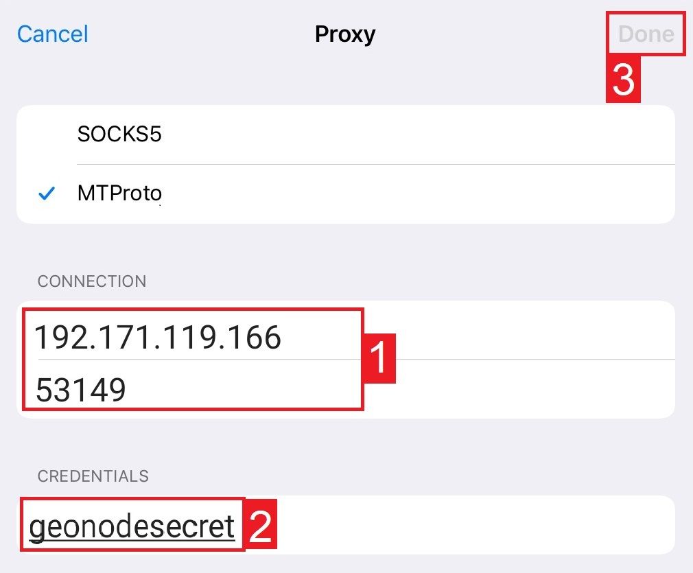 Экран настройки прокси в Telegram на iPhone с выбранным типом MTProto