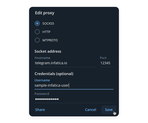 Окно настройки прокси в Telegram Desktop с полями MTProto