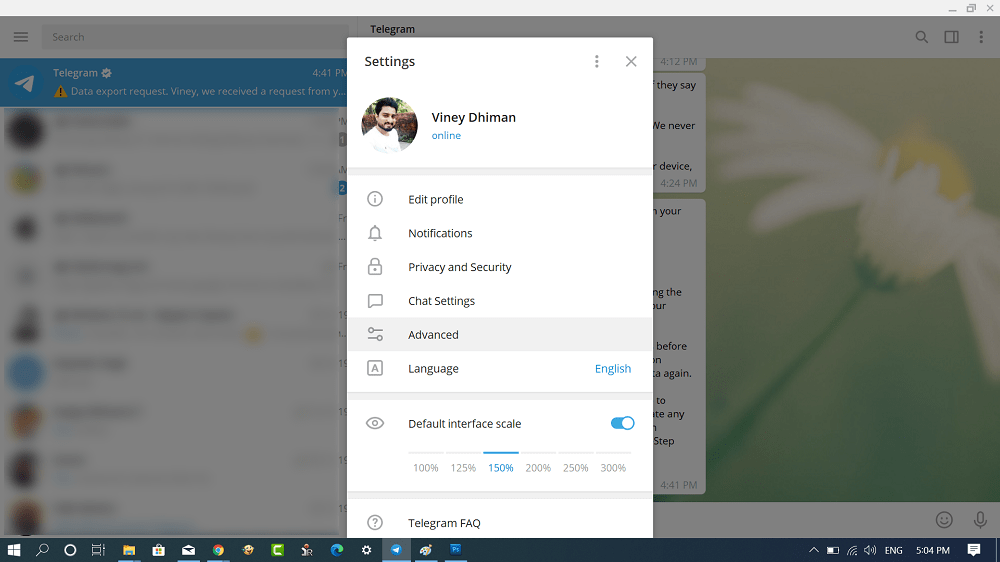 Telegram Desktop — путь к функции «Экспорт данных Telegram» в продвинутых настройках