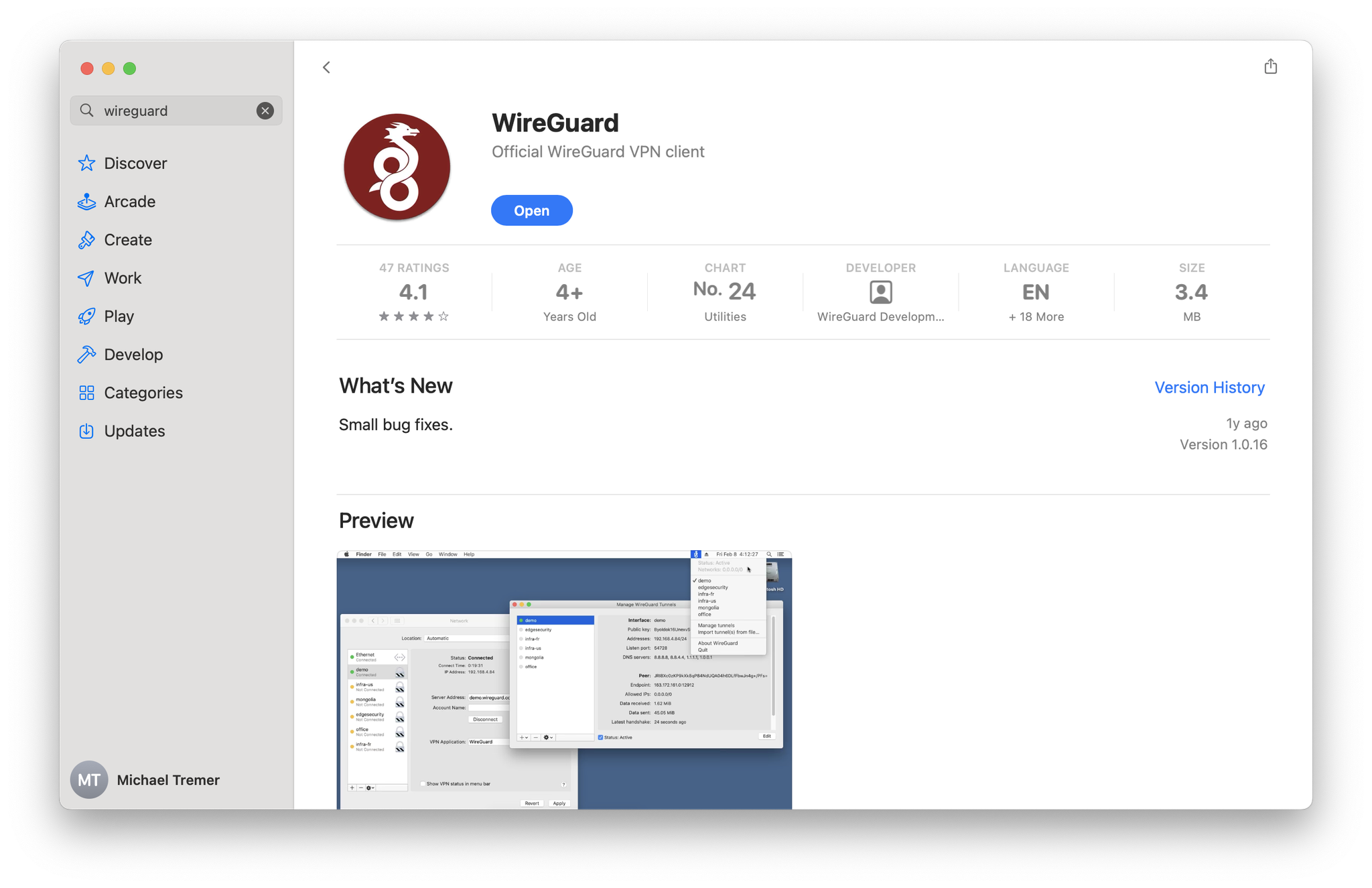 WireGuard для macOS — окно со списком туннелей и статусом подключения